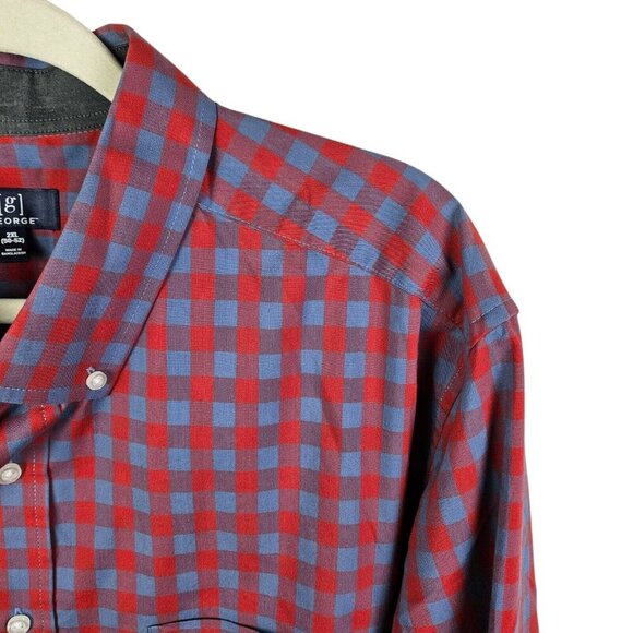 [g] George Classic Fit Button-Up Shirt Men's Size 2XL Long Sleeve Red Blue Check - Picture 5 of 10
